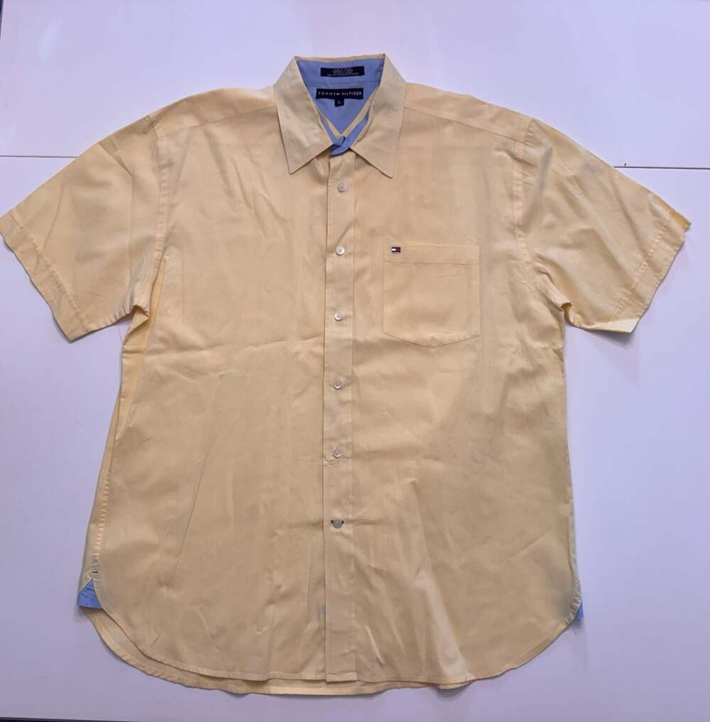 Tommy Hilfiger Men's Yellow Short Sleeve Button-Down Oxford Shirt with Pocket